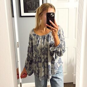Free People Zoe Printed Grey & Blue Floral Blouse